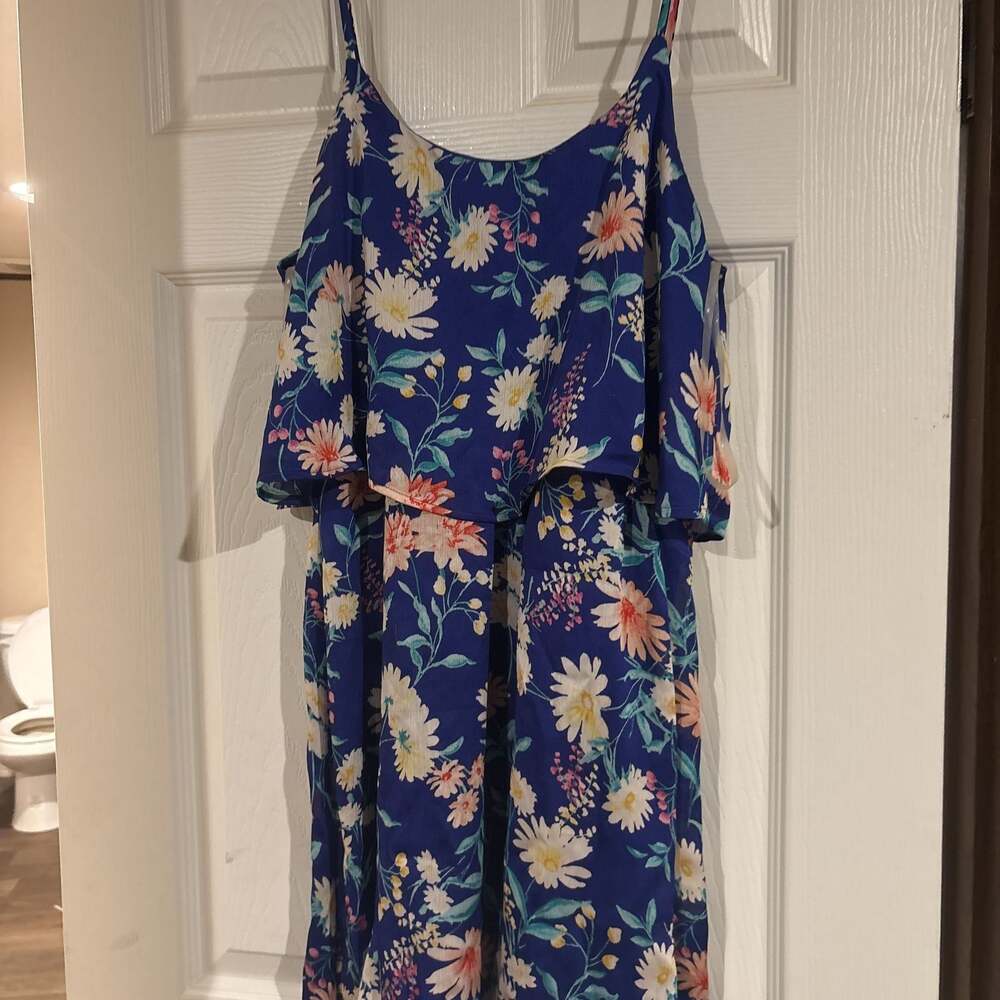 Emerald Sundae NWT Navy Blue Floral Fit & Flare Dress Lace Inset Stretch Small